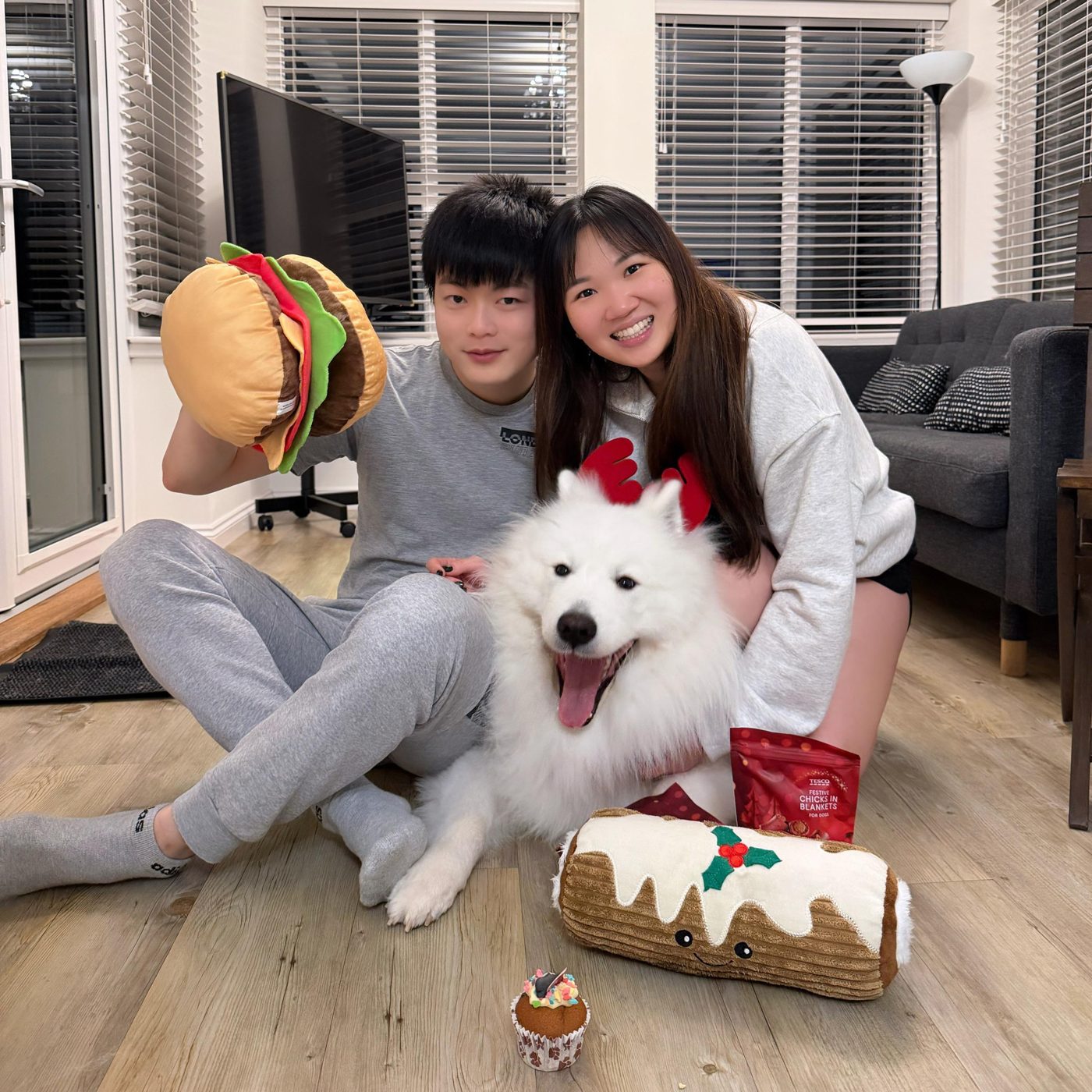 Yi Lin, Yu En and their Samoyed celebrating Christmas at home